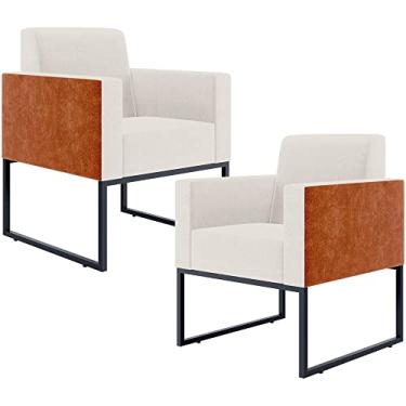 Imagem de Kit 02 Poltronas Decorativas Sala Base fixa Metal Helô L02 Linho Cru Couríssimo Camel - Lyam Decor