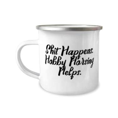 Imagem de Presentes perfeitos para passatempos de cavalos, Shit Happens. Hobby Horsing Helps, Caneca motivacional de acampamento de 355 ml para amigos de
