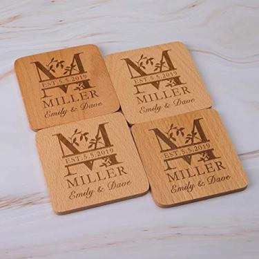 Imagem de Porta-copos de madeira de faia com monograma personalizado para bebidas – Presentes de casamento personalizados para presentes de chá de panela – Conjunto de porta-copos personalizado, #3 Name Initial Style, 6