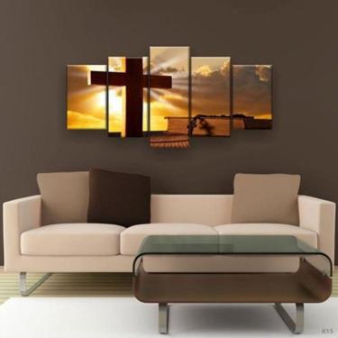 Imagem de Quadro Decorativo Mosaico 5 Peças Cruz Terço E Túmulo