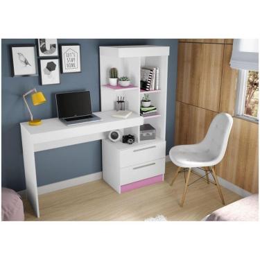 Imagem de Mesa Office Nt 2010 Com 2 Gavetas E 3 Prateleiras Notável Branco Com Rosa