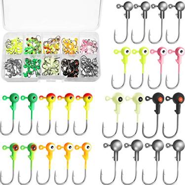 Imagem de Sumind 100 peças de anzol com cabeça de gabarito de pesca com bolas redondas pintadas com caixa de plástico para pesca de água doce e salgada