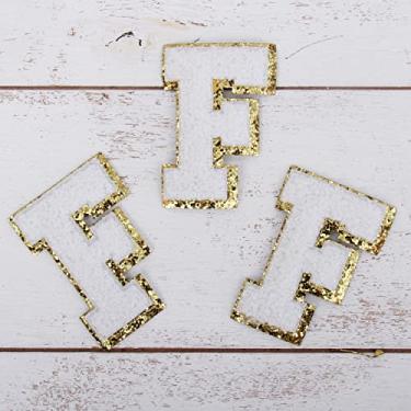 Imagem de Pacote com 3 adesivos de chenille ferro sobre glitter universitário com letras "F" - Tecido de chenille branco com acabamento em glitter dourado - Costurar ou passar - 8 cm de altura
