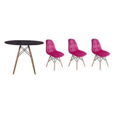 Imagem de Kit Mesa Jantar Eiffel 80cm Preta + 03 Cadeiras Botonê Veludo - Rosa -