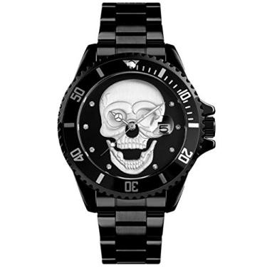 Imagem de Timesbird Relógios pretos masculinos prateados com mostrador de caveira com data de quartzo, pulseira de aço inoxidável, Verde, Moderno