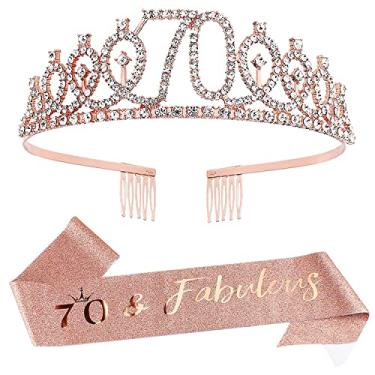 Imagem de Faixa e tiara de 70º aniversário, coroa de aniversário de ouro rosa, faixa fabulosa e 70, presentes de aniversário de 70 anos para mulheres, decorações de 70 anos, suprimentos para lembrancinhas de