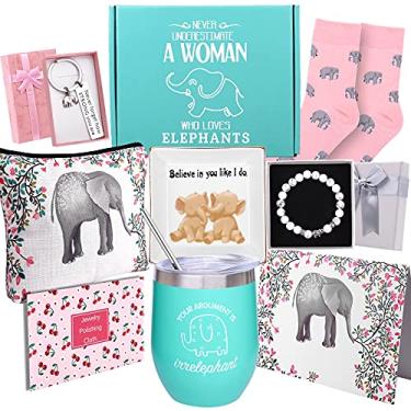 Imagem de Presentes de elefante para mulheres, para amantes de elefantes, presentes de elefante para casamento, Ação de Graças, Natal, Dia das Mães, copo de vinho divertido, pulseira de elefante, chaveiro, prato de joias, bolsa, meias