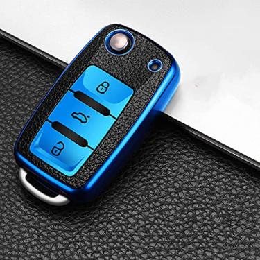 Imagem de YJADHU TPU couro masculino feminino chaveiro capa de chave de carro, apto para Volkswagen VW Jetta Golf Passat Beetle Skoda Seat Polo B5, A, azul