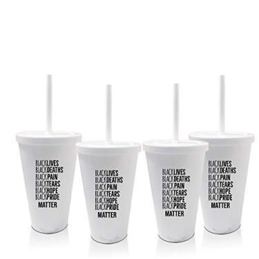 Imagem de 4 Copos com Tampa e Canudo Branco Lista Black Lives Matter