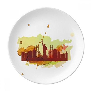 Imagem de USA America New York City Liberty Prato de aquarela decorativo de porcelana Salver talheres, Prato de jantar