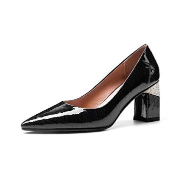 Imagem de TinaCus Sapato feminino de couro envernizado brilhante feito à mão com bico fino transparente salto médio grosso sem cadarço moderno com estampa atraente, Preto, 7