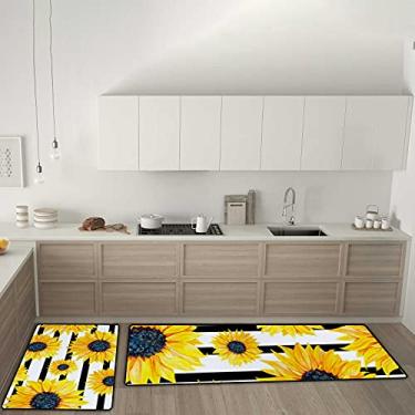Imagem de Tapetes de cozinha com girassóis amarelos em preto listrado antiderrapante conjunto de 2 tapetes de cozinha, tapete confortável antifadiga para sala de jantar, lavanderia, escritório