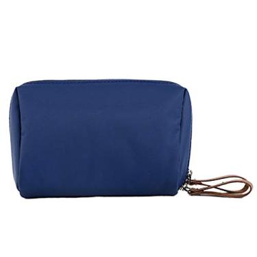 Imagem de Grey990 Bolsa de maquiagem feminina portátil, à prova d'água, cor lisa, com zíper, bolsa de armazenamento, Azul escuro,