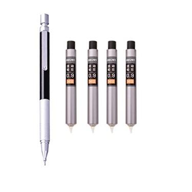 Imagem de YYMIYU Lapiseira automática de 0,9 mm baixo centro de gravidade, caneta de textura de metal (preto) + 4 caixas de grafite de 0,9 mm