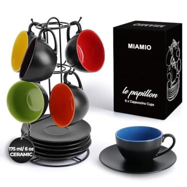 Imagem de MIAMIO - Conjunto de 6 xícaras de cappuccino empilháveis de cerâmica / canecas e pires de cappuccino de 170 g com suporte de metal para bebidas de café, café, latte, americano e chá - Coleção Le