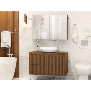 Imagem de Conjunto Para Banheiro Ripado 80 Freijó C/Cuba e Espelheira Cor:Marrom