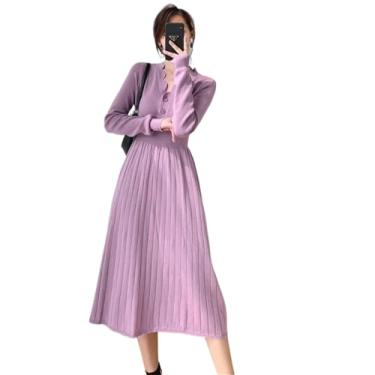 Imagem de JYHBHMZG Vestido plissado feminino manga longa coreana suéter de malha elegante saia vestido midi bege preto outono, Roxa, PP