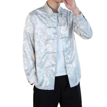 Imagem de Camisa social masculina de cetim branco com gola mandarim de seda e gola chinesa com roupas vermelho dragão, Cinza, M