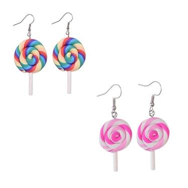 Imagem de Conjunto de 2 pares de brincos de pirulito arco-íris feitos à mão para mulheres, adolescentes e meninas, argila de polímero, delicado, colorido, simulado, doce, doce, sorvete, comida, pingente,