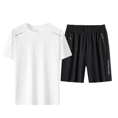 Imagem de Camisa polo masculina de gola redonda, conjunto de 2 peças, roupa esportiva, lisa, de seda gelada, Branco, 3X-Large