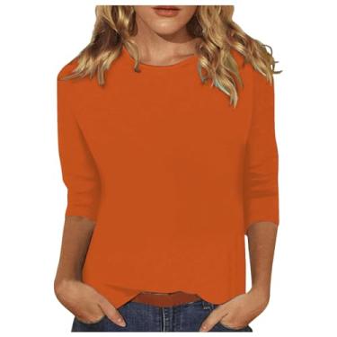 Imagem de Camisetas femininas de verão 2024 folgadas gola redonda elegantes camisas casuais de manga 3/4 camisetas fofas leves de cor sólida, Ofertas flash laranja, GG