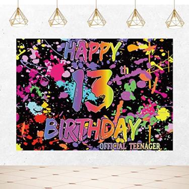 Imagem de Joyiou Banner de cenário de decorações de aniversário de 13 anos brilha no escuro para meninas meninos, respingos de tinta oficial adolescente grafite festa de aniversário colorido sinal de néon suprimentos adereços de cabine de fotos (2,1 x 1,5 m)