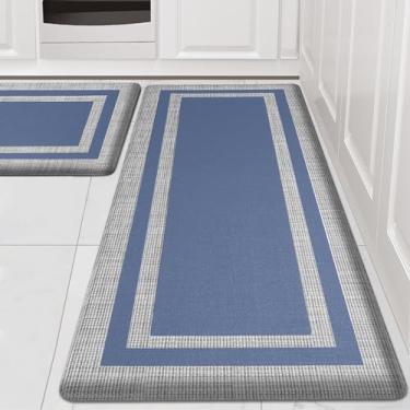 Imagem de Latida Tapetes de cozinha 2 peças, tapete de cozinha acolchoado antifadiga para chão, conjunto de tapete de cozinha antiderrapante à prova d'água, tapete antifadiga confortável de 1/2 polegada de espessura para pia de cozinha, lavanderia de escritório, azul