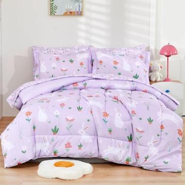 Imagem de Mooreeke Jogo de cama de casal para crianças, meninas, adolescentes, 7 peças, conjunto de lençol com edredom, coelho, roxo, microfibra supermacia