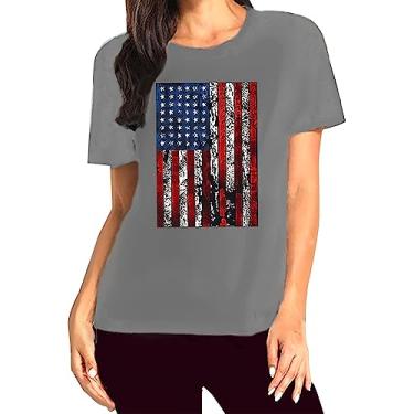 Imagem de Blusa feminina 4 de julho Dia da Independência camiseta estampada bandeira dos EUA Túnica Patriótica Star Stripes Camisa, Cinza escuro, G