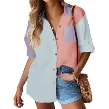 Imagem de HOTOUCH Camisa feminina de algodão com botões, casual, manga comprida, caimento solto, gola de linho, blusa de trabalho com bolso, Azul + roxo + tangerina, M