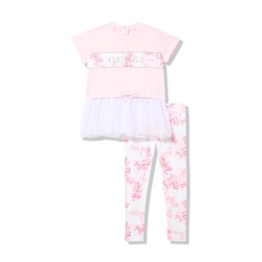 Imagem de GUESS Camiseta feminina de algodão orgânico com saia de malha e legging com estampa floral, Balé, rosa, 5 Anos