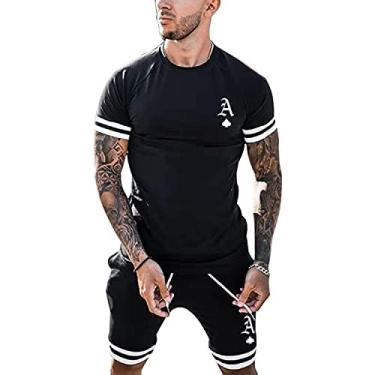 Imagem de TZIISOA Conjunto esportivo masculino de verão, conjunto de 2 peças, camisetas e shorts de manga curta, conjunto de moletom casual elegante, Preto, Small
