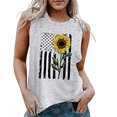 Imagem de Camiseta regata feminina com estampa de girassol e bandeira americana sem mangas, gola redonda, casual, básica, Prata, P
