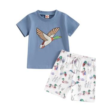 Imagem de Roupas infantis de caçador de patos, camiseta casual de manga curta, pato selvagem, 2 peças, roupa infantil de caça para bebês, Azul, 0-6 Meses