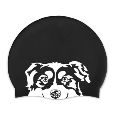 Imagem de WIRESTER Touca de natação para adultos, touca de natação de silicone durável para homens e mulheres, chapéu de natação confortável impermeável para cabelos curtos médios longos - preto (cão pastor