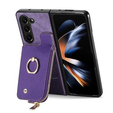 Imagem de HAO RIYLN Capa flip para smartphone para Samsung Galaxy Z Fold 6, capa de telefone carteira de couro com zíper slot para cartão capa de suporte de metal, roxo, Z Fold 6