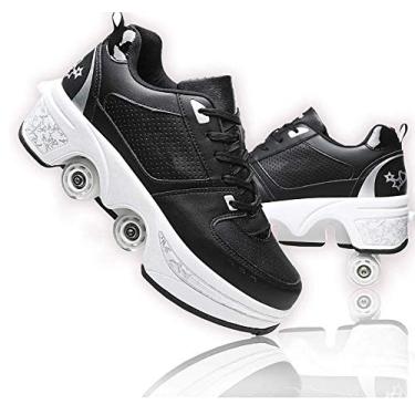 Imagem de Patins femininos de duas fileiras deformadas - Sapatos de caminhada automáticos com rodas destacáveis para meninas e meninos, unissex (preto e prata, EUA 5,5)
