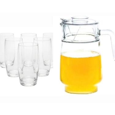Imagem de Kit 6 Copos Vidro 300ml Oca + Jarra de Vidro com Tampa 1.8Lt - JW SHOP