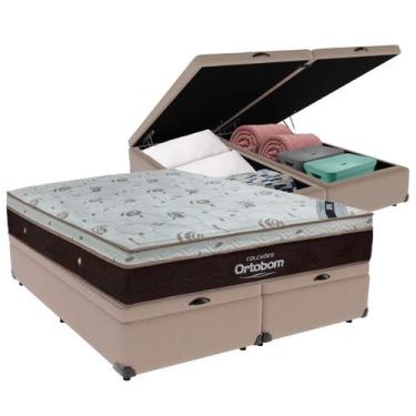 Imagem de Cama Box Baú Bipartido Queen Bege e Colchão Sleep King Molas Ensacadas