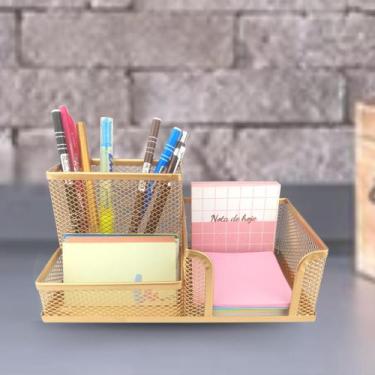 Imagem de Porta Caneta Lápis Organizador de Mesa Escritório Dourado Ouro com 3 P