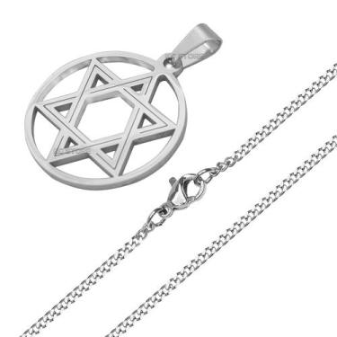 Imagem de Colar Grande masculino Estrela Davi Pentagrama 6 pontos aço inox prata