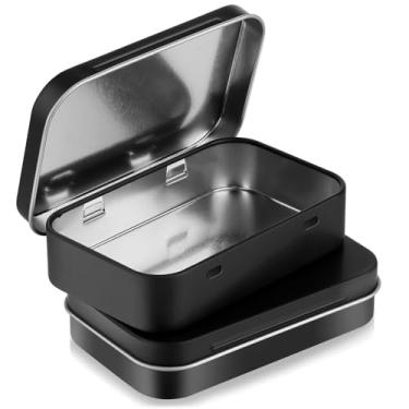 Imagem de PEOVLVN Pacote com 2 caixas pequenas de metal, latas retangulares vazias com dobradiças com tampas - Mini caixa portátil para armazenamento, doces, joias, artesanato (9,4 x 6 cm)