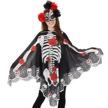 Imagem de Ibeauti 2Pcs Halloween Skeleton Poncho Masquerade Mask for Women Day of The Dead Skeleton Costume Skeleton Cape (Red Flower)