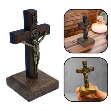 Imagem de Crucifixo Cruz Mesa Medalha São Miguel Arcanjo Madeira 7 cm - FORNECED