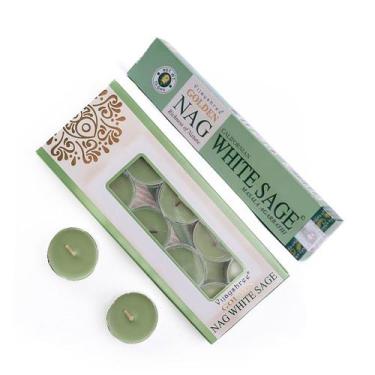 Imagem de Kit Vela Aromática e Incenso Vijayshree Golden Nag Sálvia Branca