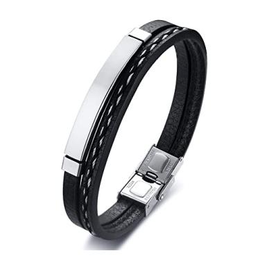 Imagem de Rockyu Pulseira masculina de couro PU e aço inoxidável preta 19,5 cm de comprimento joia moderna para uso diário, ワンサイズ, Poliuretano