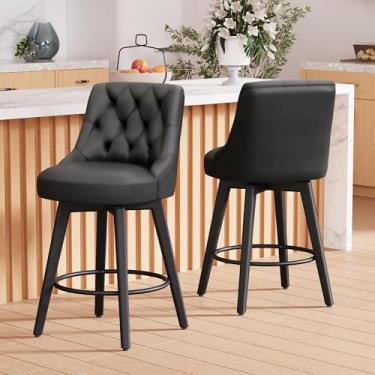 Imagem de Vipbear Conjunto de 2 bancos de bar modernos de 66 cm, bancos giratórios de altura com encosto alto, banqueta de bar estofada preta, cadeira de bar com encosto alto, pernas de madeira para bar, sala
