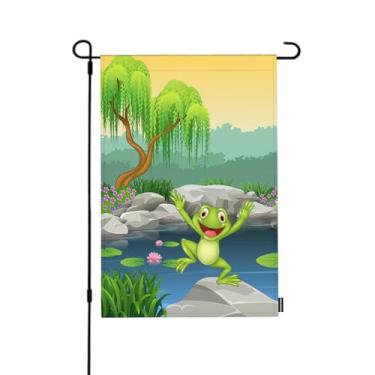 Imagem de HGOD DESIGNS Bandeira de jardim flor sapo dupla face 30 x 45 cm rosa lago de lótus desenho animado feliz sorriso verde animal pulando pedra árvore fazenda férias decorações externas bandeira de jardim