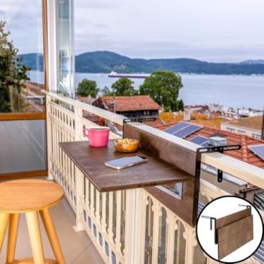 Imagem de Mesa de bar de varanda para trilhos, mesa de trilho de deck dobrável ao ar livre para pátio, mesa suspensa de varanda para muitos trilhos compatíveis, mesa de servir de barra de madeira para varanda (nogueira, M: 80 x 30 cm)