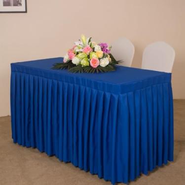 Imagem de Toalha de mesa retangular de cor sólida toalha de mesa com saia para conferências, escritório, hotel, exposição, toalha de mesa longa, lavável, protetor de mesa, azul - 60 x 180 cm
